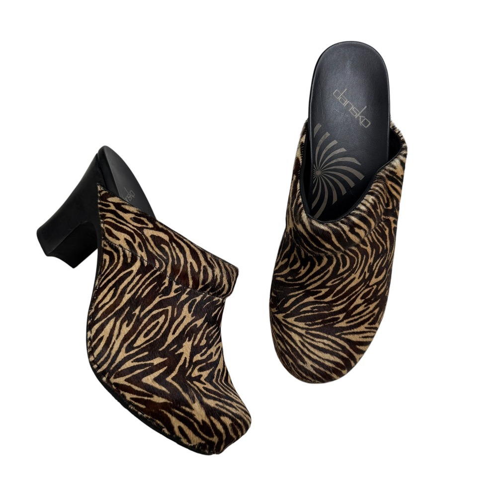 Dansko Rae Zebra Calf Hair Heeled Clog Mules 40 9.5-10 Brown Slip On Slides Chic